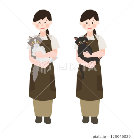ねこを抱っこしたペットトリマーの女性　手描きベクターイラスト 120046029