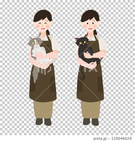 A pet groomer woman holding a cat Hand-drawn vector illustration 120046029