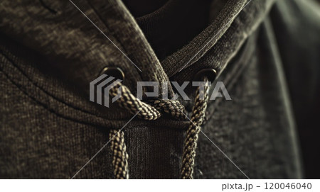 Close-up of a grey hoodie with black drawstrings. 120046040