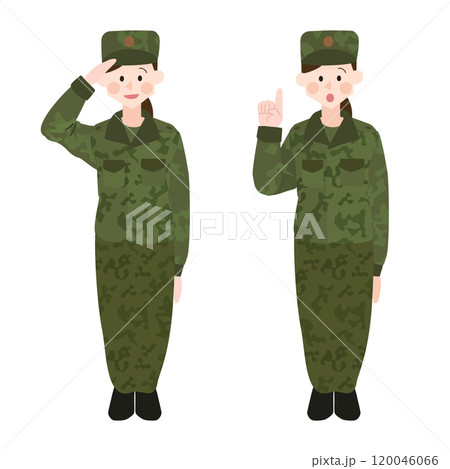 敬礼する女性自衛隊員　手描きベクターイラスト　 120046066