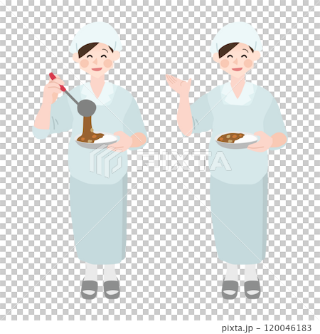 A woman serving food in the cafeteria/dining room Hand-drawn vector illustration 120046183
