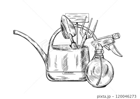 Vector illustration of working tools, watering can, rake, shovel, spray. Tools for landscaping garden and house territory. Growing plants and flowers. Isolated illustration in black ink graphically Vector illustration of working tools, watering can, rake, shovel, spray. Tools for landscaping garden and house territory. Growing plants and flowers. Isolated illustration in black ink graphically 120046273