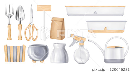 A set of garden tools rake, shovel, scissors, sprayer, pot, watering can. Equipment of florist and an agronomist for cultivating the land, farm, plant and flower. Digital isolated illustration 120046281