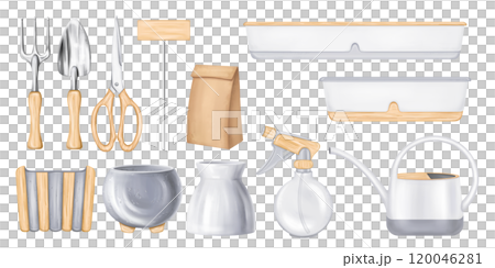 A set of garden tools rake, shovel, scissors, sprayer, pot, watering can. Equipment of florist and an agronomist for cultivating the land, farm, plant and flower. Digital isolated illustration 120046281