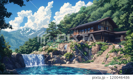 山間の美しい自然とと花畑の風景	 120046486