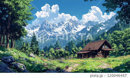 山間の美しい自然とと花畑の風景	 120046487