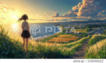 海辺の田舎町を見つめる女子学生の夏 120046622