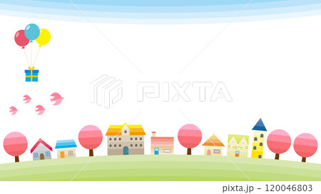 シンプルな街並みのイラスト　枠　背景 　春 120046803