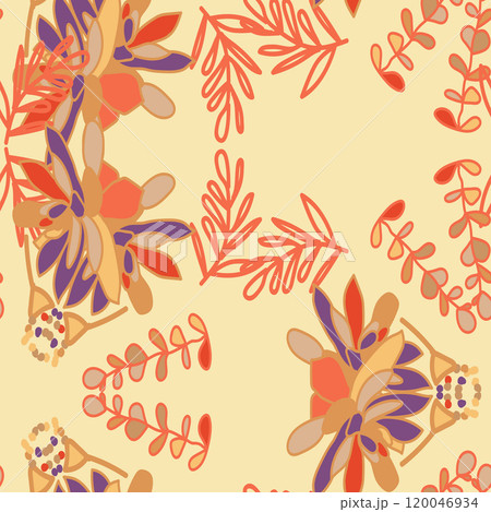 An incredibly beautiful floral design that features vibrant leaves and colorful flowers in warm, earthy tones An incredibly beautiful floral design that features vibrant leaves and colorful flowers in warm, earthy tones 120046934