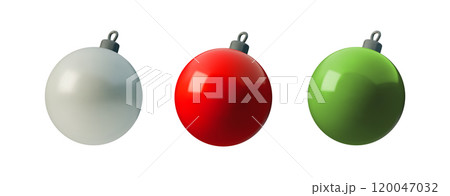 Vector set 3D illustration of smooth red, silver and green Christmas ornament balls. Minimalist design, perfect for holiday decorations, festive cards, and New Year themes Vector set 3D illustration of smooth red, silver and green Christmas ornament balls. Minimalist design, perfect for holiday decorations, festive cards, and New Year themes 120047032