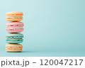 Colorful and various flavors of macarons with copy space on a solid background. 120047217