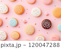 Mixed-flavor cookies on a pastel background with a copy space. 120047288