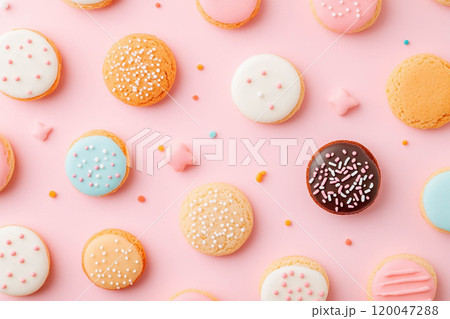 Mixed-flavor cookies on a pastel background with a copy space. Mixed-flavor cookies on a pastel background with a copy space. 120047288