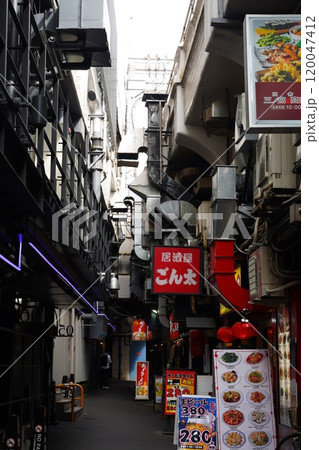 飲食店の排気口が並ぶ高架下の路地 120047412