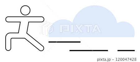 A simplified stick figure performs a yoga pose next to a cloud. Ideal for wellness, relaxation, mindfulness, fitness, meditation, and weather themes. Black lines and light blue colours with vector 120047428