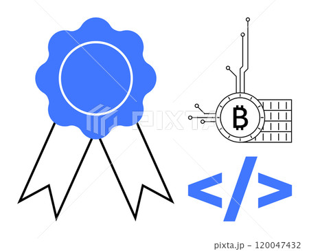Blue award badge on left, Bitcoin circuit symbol above coding tags on right. Ideal for tech awards, cryptocurrency, programming, blockchain, innovation. Digital and minimalist style, suitable for 120047432