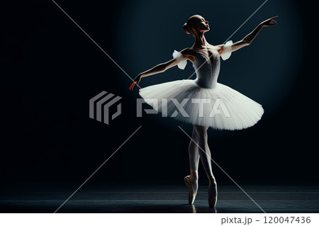 Ballet dancer in white tutu performing on dark stage background. Professional ballerina in elegant pose, illuminated by spotlight. Studio dance portrait. Ballet dancer in white tutu performing on dark stage background. Professional ballerina in elegant pose, illuminated by spotlight. Studio dance portrait. 120047436