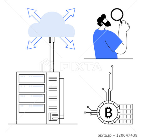 Man examining data, cloud storage connecting to servers, and a Bitcoin symbol with circuitry icons in modern vector style. Ideal for data security, cryptocurrency analysis, cloud computing 120047439