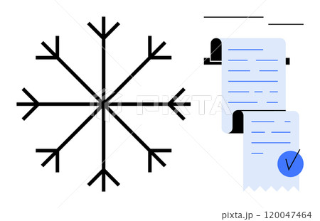 Snowflake symbol next to two receipt scrolls with check marks. Ideal for winter sales, financial documentation, accounting, tax season, and business reports. Simple minimalistic vector style Snowflake symbol next to two receipt scrolls with check marks. Ideal for winter sales, financial documentation, accounting, tax season, and business reports. Simple minimalistic vector style 120047464