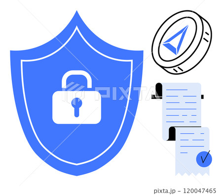 Blue shield with padlock symbol, cryptocurrency coin with a navigation arrow, and a document with checkmark. Ideal for cybersecurity, digital currency, safe transactions, online privacy, financial Blue shield with padlock symbol, cryptocurrency coin with a navigation arrow, and a document with checkmark. Ideal for cybersecurity, digital currency, safe transactions, online privacy, financial 120047465