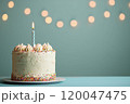 A pastel birthday cake with a light blue background and copy space. 120047475