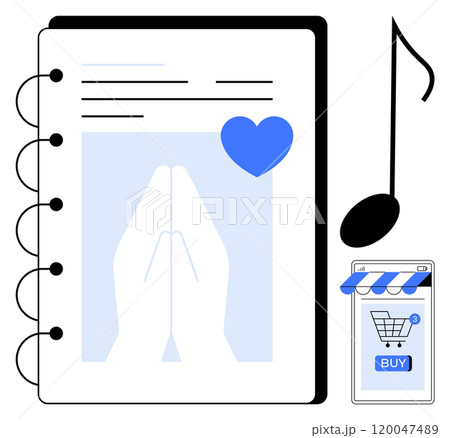 Notebook with hands praying, heart symbol, musical note and smartphone with online shopping cart. Ideal for spirituality, note-taking, e-commerce, music, digital planning 120047489