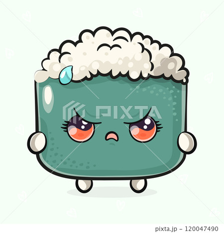 Cute angry Sushi character. Vector hand drawn cartoon kawaii character illustration icon. Isolated on light green background. Sad Sushi character concept Cute angry Sushi character. Vector hand drawn cartoon kawaii character illustration icon. Isolated on light green background. Sad Sushi character concept 120047490