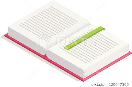 Open book with a green bookmark on a table, inviting exploration of its pages and intricate design, symbolizing endless learning, creativity, and inspiration 120047569