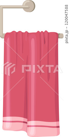 Soft pink towel draped over a metal towel rail, adding a touch of comfort and style to a bathroom setting, perfect for drying off after a shower or bath 120047588