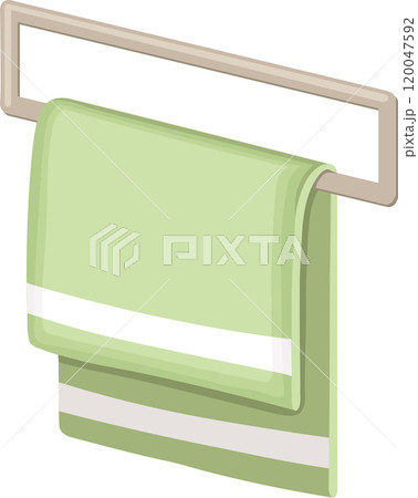 Soft green towel draped over a sleek towel rail, adding a touch of serenity to the bathroom space, perfect for evoking a sense of calm and relaxation 120047592