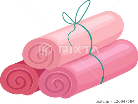 Neatly stacked pink towels tied with a green ribbon on a white background, perfect for spa, relaxation, or hygiene concepts 120047594