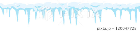 Cartoonish light blue icicles hanging down from a layer of snow, with some of the ice melting, creating a winter wonderland scene 120047728