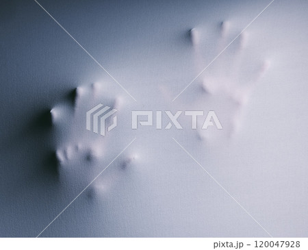 Figure, hands and ghost in fabric with mental health, problem and claustrophobic with haunted in sheet. Person, trapped and horror with nightmare, crisis and pressing cloth on black background mockup 120047928