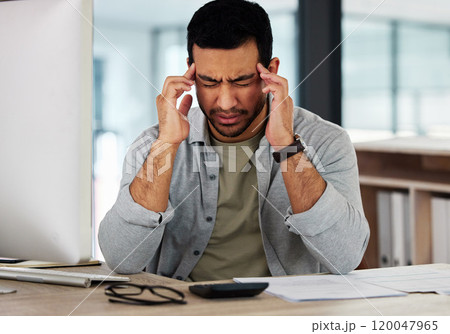 Businessman, headache and pain of stress in office, computer glitch and anxiety for mistake or fail. Male person, tension migraine and massage temple for relief at workplace, frustrated and crisis 120047965