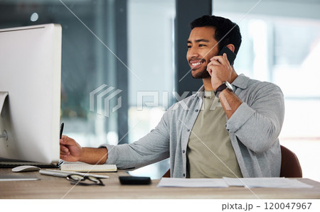 Business man, computer and phone call in office for networking, communication and client negotiation. Project manager, research and talking in workplace for schedule discussion and progress update 120047967