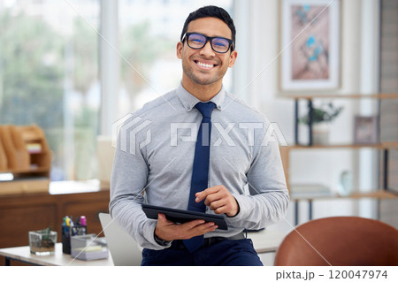 Business man, portrait and tablet in office for networking, research and client communication with email. Corporate consultant, face and tech for finance, asset management and investment portfolio Business man, portrait and tablet in office for networking, research and client communication with email. Corporate consultant, face and tech for finance, asset management and investment portfolio 120047974