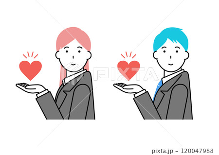 ハートを掲げるビジネスマンとビジネスウーマンのイラスト素材 120047988