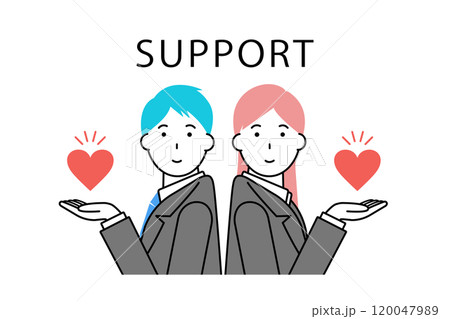 ハートを掲げるビジネスマンとビジネスウーマンのイラスト素材 ハートを掲げるビジネスマンとビジネスウーマンのイラスト素材 120047989