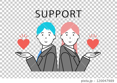 ハートを掲げるビジネスマンとビジネスウーマンのイラスト素材 ハートを掲げるビジネスマンとビジネスウーマンのイラスト素材 120047989