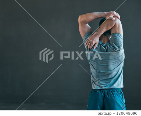 Stretching, fitness and back of man for exercise, training and warm up for athlete workout on gray background. Health, sports and person with mockup space for wellness, performance and flexibility 120048090