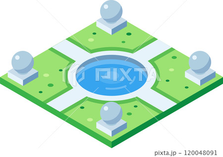 Four decorative spheres stand on white plinths at the corners of an isometric city park featuring a circular pond and cross shaped pathways, showcasing a tranquil urban oasis Four decorative spheres stand on white plinths at the corners of an isometric city park featuring a circular pond and cross shaped pathways, showcasing a tranquil urban oasis 120048091