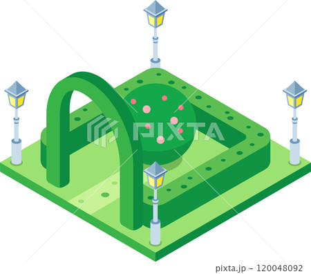 Green isometric city park with a decorative arch, a round hedge, four lampposts and a round flowering tree, representing urban landscape design and public recreation areas 120048092