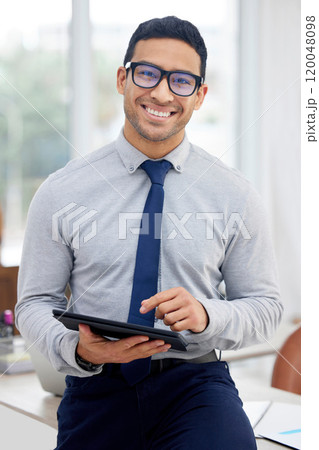 Business man, happy and tablet in office for networking, research and client communication with email. Corporate consultant, portrait and tech for finance, asset management and investment portfolio 120048098