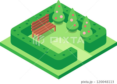 Green park with wooden bench and hedge in isometric view representing a peaceful and relaxing urban environment, perfect for leisure and recreation Green park with wooden bench and hedge in isometric view representing a peaceful and relaxing urban environment, perfect for leisure and recreation 120048113