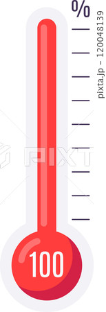 Thermometer reaching one hundred percent of its capacity, indicating maximum measurement, employing a red and white color scheme for visual representation 120048139