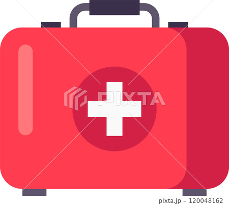 Red first aid kit closed with white cross symbol, representing emergency medical care and preparedness for accidents or injuries 120048162