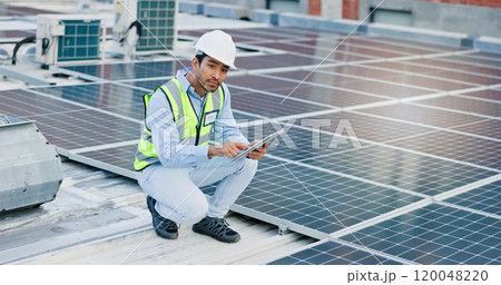 Engineer, man and tablet for solar panels, energy saving and electricity or heating of eco friendly grid on rooftop. Installation, digital technology and photovoltaic technician with inspection Engineer, man and tablet for solar panels, energy saving and electricity or heating of eco friendly grid on rooftop. Installation, digital technology and photovoltaic technician with inspection 120048220