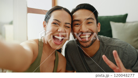 Happy couple, fitness and portrait with peace sign for selfie, memory, or workout together at home. Young man and woman with smile or emoji for photography, picture or moment in health and wellness Happy couple, fitness and portrait with peace sign for selfie, memory, or workout together at home. Young man and woman with smile or emoji for photography, picture or moment in health and wellness 120048277
