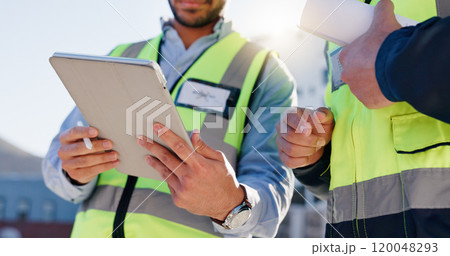 Business people, hands and tablet with blueprint for construction, planning or building maintenance in city. Closeup, employees or civil engineer with technology for architectural layout on rooftop 120048293