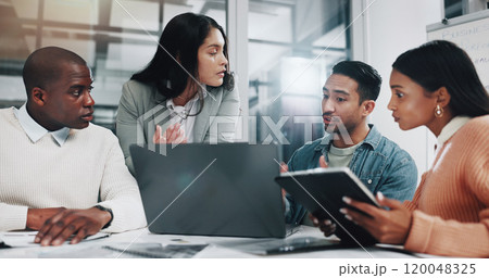 Business people, laptop and discussion in office for collaboration, brainstorming and creative agency. Startup, planning and partnership in workplace for teamwork, strategy or proposal with diversity 120048325